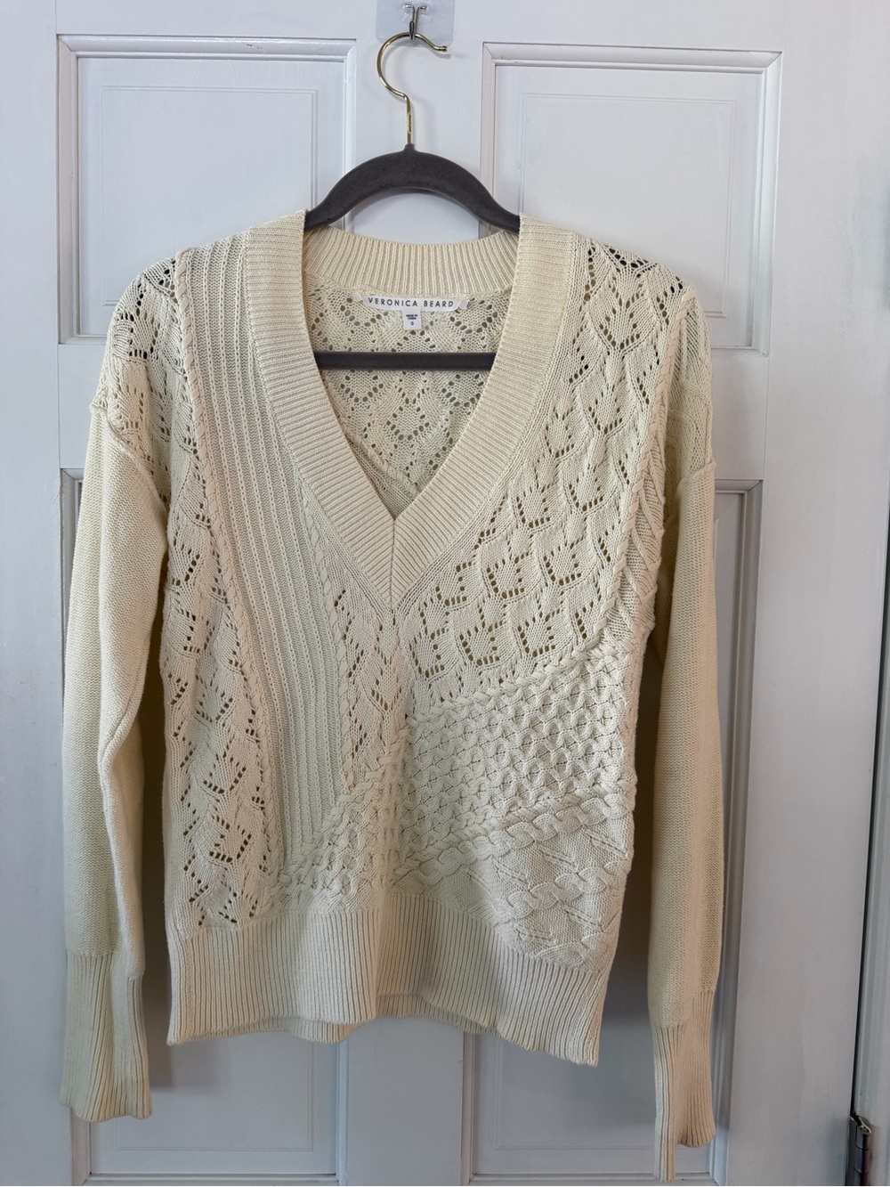Veronica Beard Deveraux  Cotton Ivory Patchwork Cable Knit V-Neck Sweater S